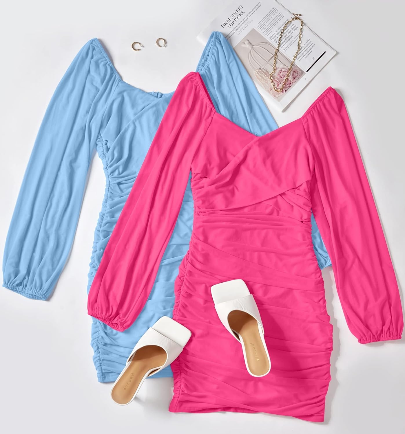 ZESICA Women's Sexy V Neck Ruched Bodycon Mini Dress Puff Long Sleeve Cocktail Wedding Party Short Dresses