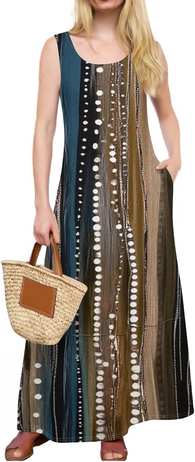 Womens Summer Tank Dress Vacation Boho Floral Long Dresses with Pockets Resort Wear Swing Beach Sleeveless Sundress
