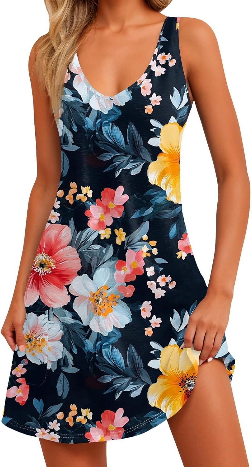 Women's Sleeveless Floral Print Summer Dress Casual V-Neck A-Line Mini Dress for Beach Party and Daily Wear