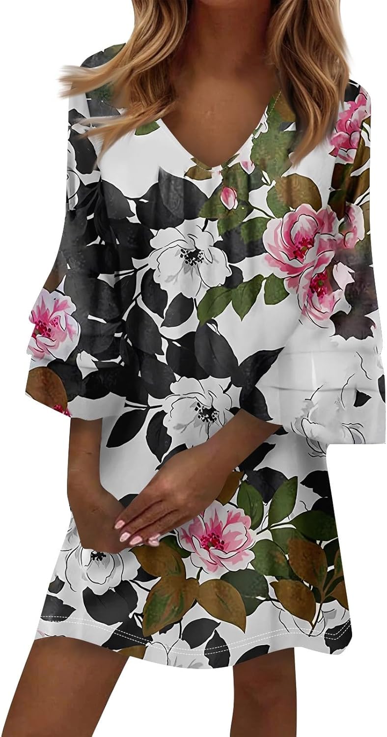 Beach Dresses for Women,2025 Summer Trendy Floral Print Boho Dress,Casual Loose V Neck Bell 3/4 Sleeve Mini Dress