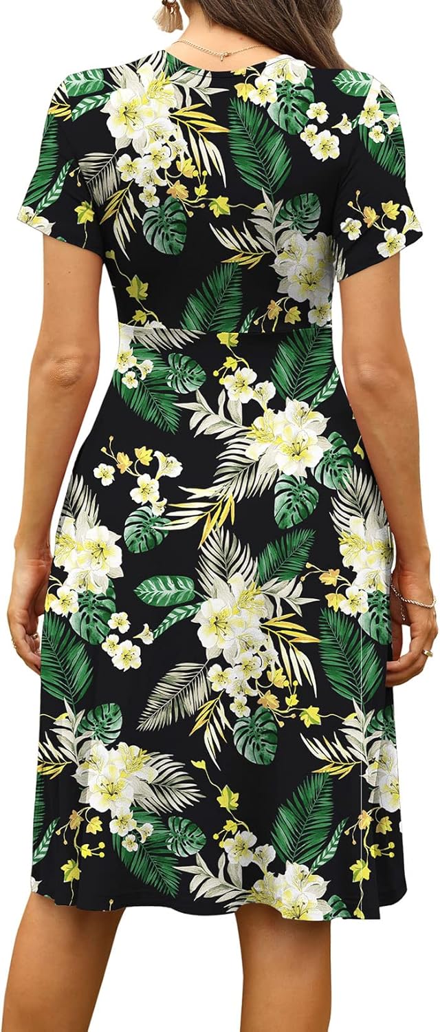 WEACZZY Women's Summer Short Sleeve Casual Dresses V-Neck Floral Party Dress with Pockets