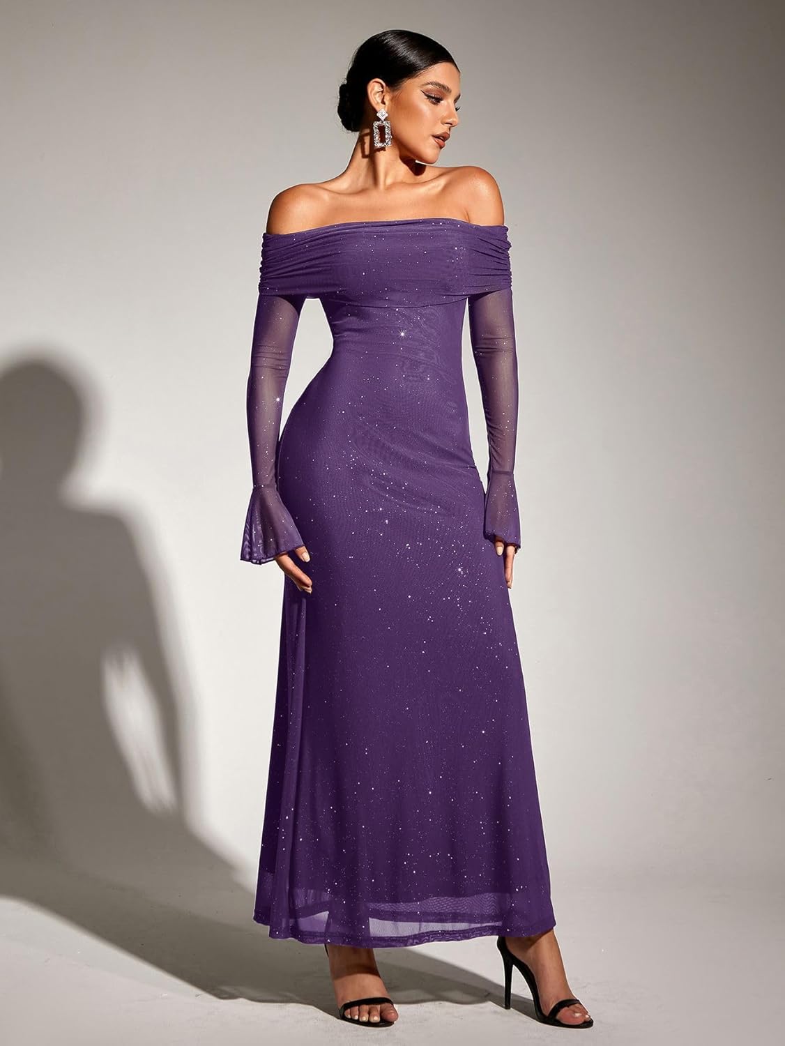 KUTUMAI Women Off Shoulder Bodycon Maxi Dress Long Sleeve Mesh Ruched Party Formal Wedding Guest Dresses