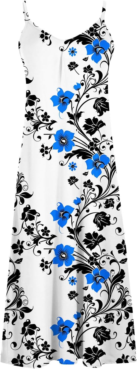 Womens Floral Maxi Dresses Spaghetti Strap Casual Summer Long Dress Vneck Flowy Boho Beach Sundress Vacation Outfits