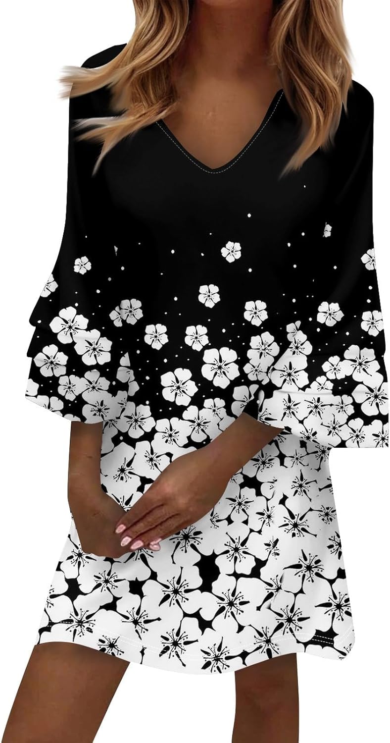 Beach Dresses for Women,2025 Summer Trendy Floral Print Boho Dress,Casual Loose V Neck Bell 3/4 Sleeve Mini Dress