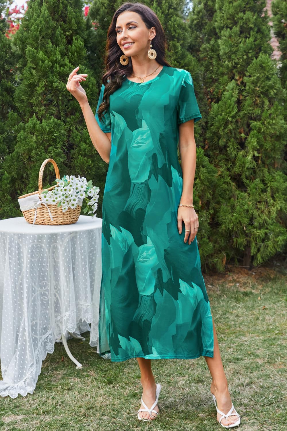 Naggoo Women's Short Sleeve Split Maxi Dress Casual Plain Tie Dye Print Tshirt Long Dresses with Pockets