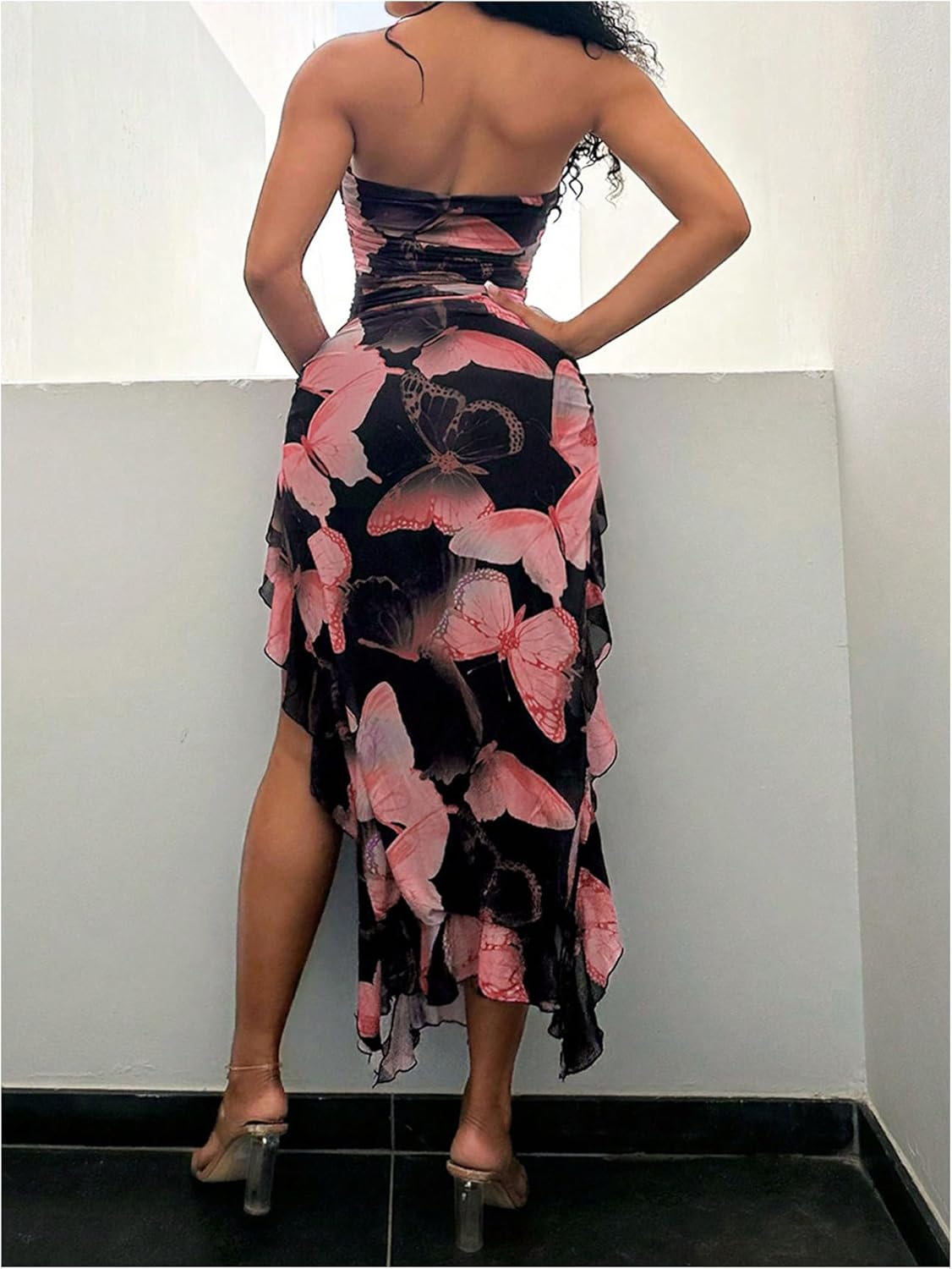 WDIRARA Women's Butterfly Print Asymmetrical Bodycon Maxi Dress Split Ruffle Trim Strapless Tube Dresses