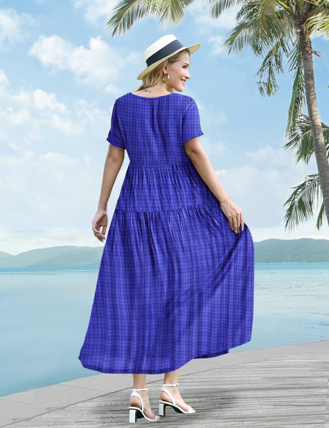 YESNO Women Casual Loose Bohemian Floral Dress with Pockets Short Sleeve Long Maxi Summer Beach Swing Dress EJF