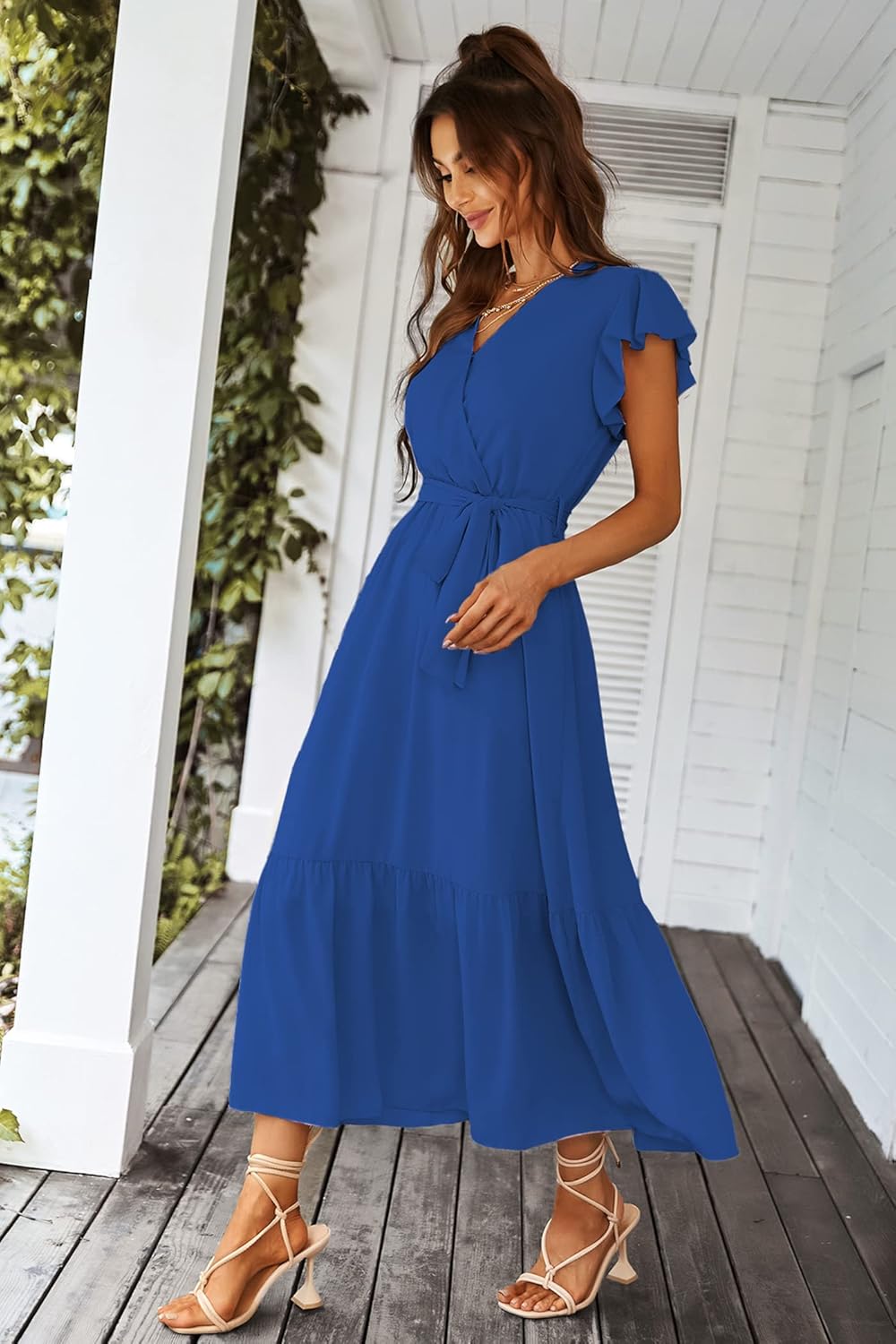 PRETTYGARDEN Women's Summer Floral Boho Dress Wrap V Neck Short Sleeve Ruffle A-Line Flowy Maxi Wedding Guest Dresses