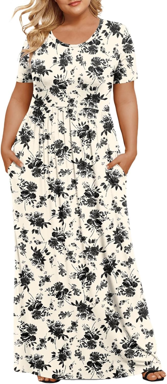 LONGYUAN Women's Plus Size Maxi Dresses for Curvy Women Summer Short Sleeve Casual 2025 Long Dress XL-6XL