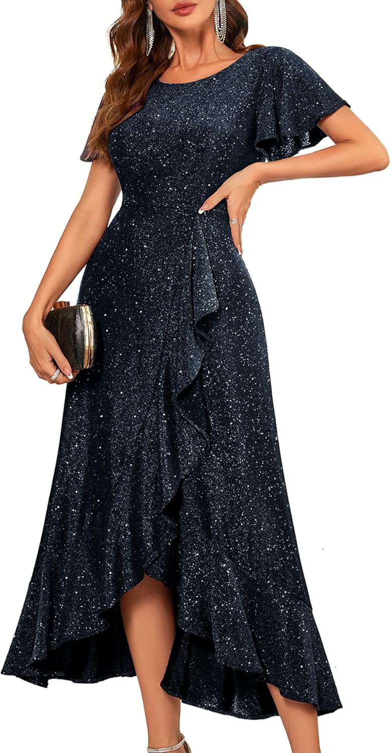 BeryLove Women Sequin Formal Party Dress Flutter Short Sleeve Wedding Cocktail Long Evening Dress