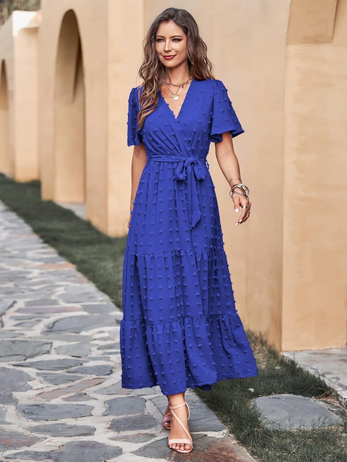 MASCOMODA Womens Boho Swiss Dot Maxi Dresses Wrap V Neck Flutter Short Sleeve Solid Tie Belt A Line Tiered Flowy Long Dress