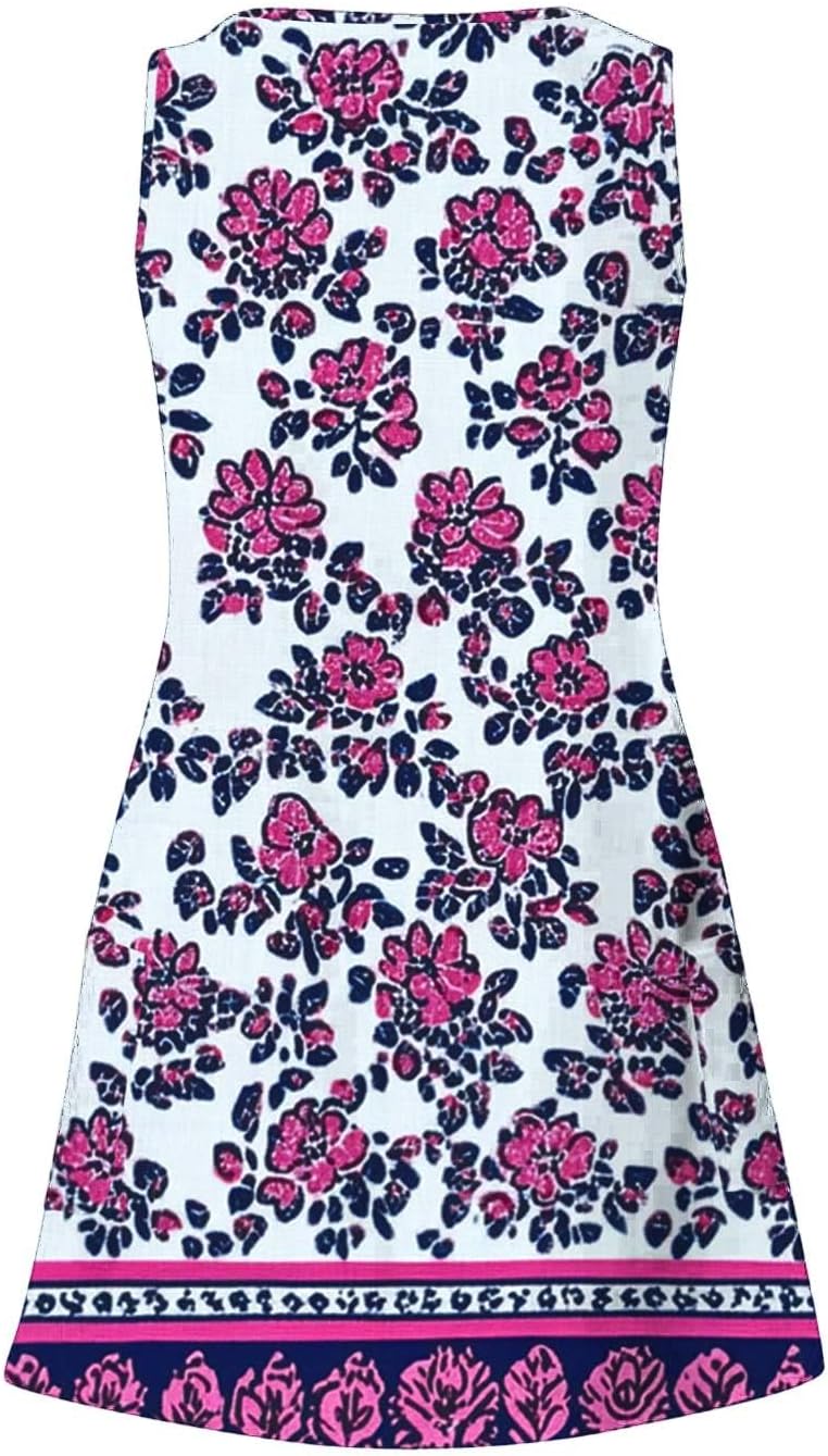 Womens 2025 Spring Summer Dresses Casual Floral Print V-Neck Tank Dress Curve Hem Pleated A-Line Sundresses