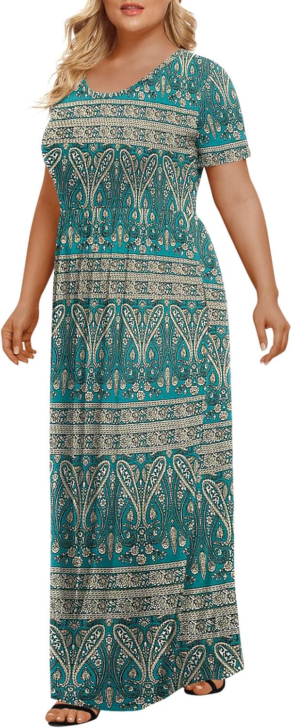 LONGYUAN Women's Plus Size Maxi Dresses for Curvy Women Summer Short Sleeve Casual 2025 Long Dress XL-6XL