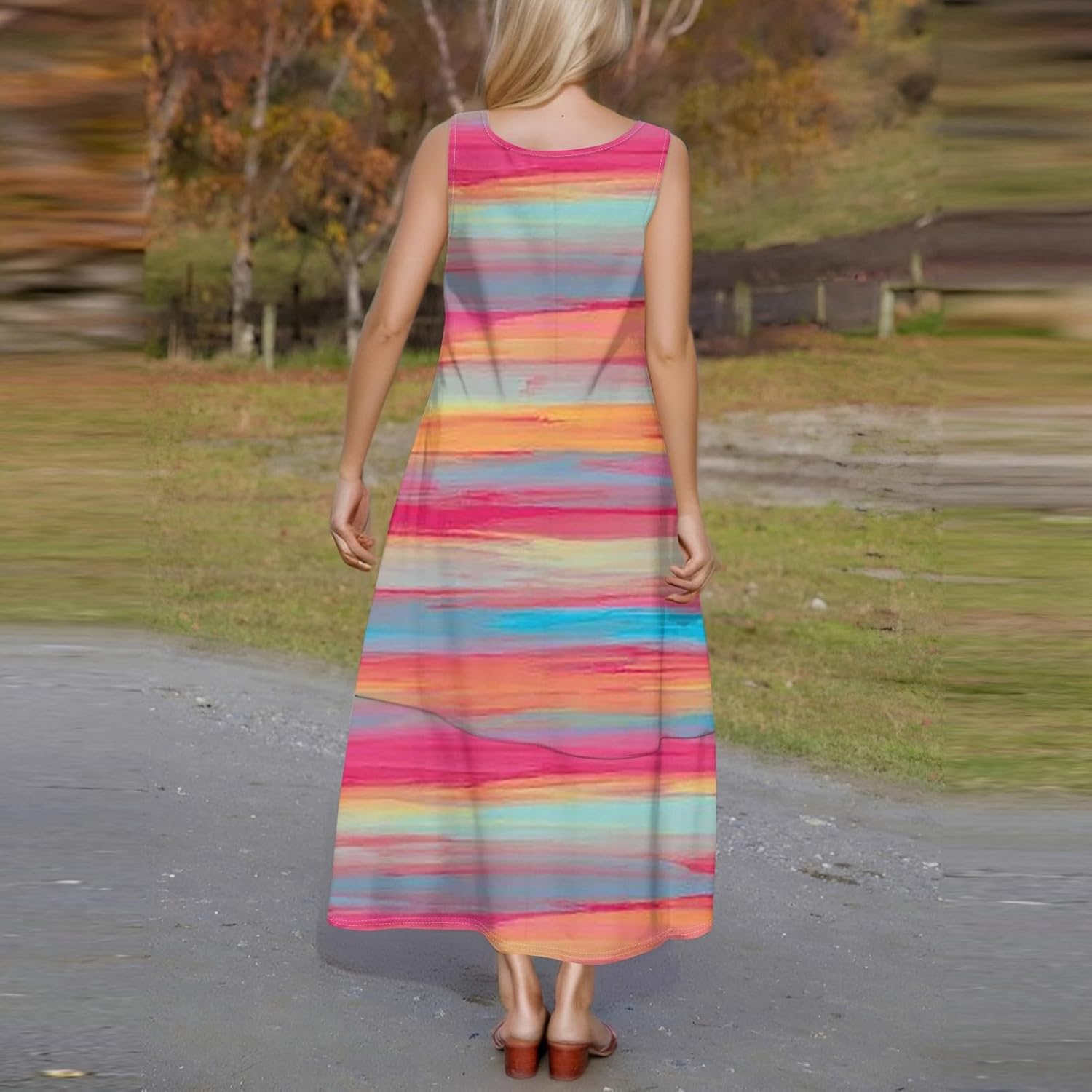 Womens Summer Tank Dress Vacation Boho Floral Long Dresses with Pockets Resort Wear Swing Beach Sleeveless Sundress