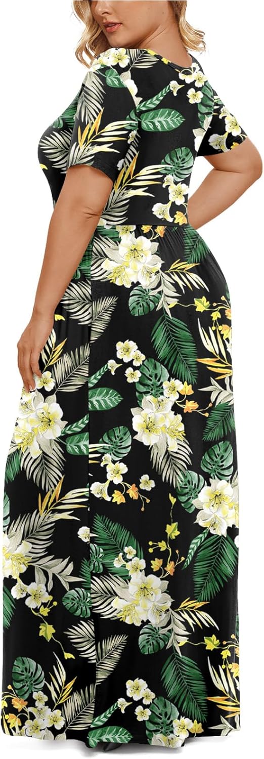 LONGYUAN Women's Plus Size Maxi Dresses for Curvy Women Summer Short Sleeve Casual 2025 Long Dress XL-6XL