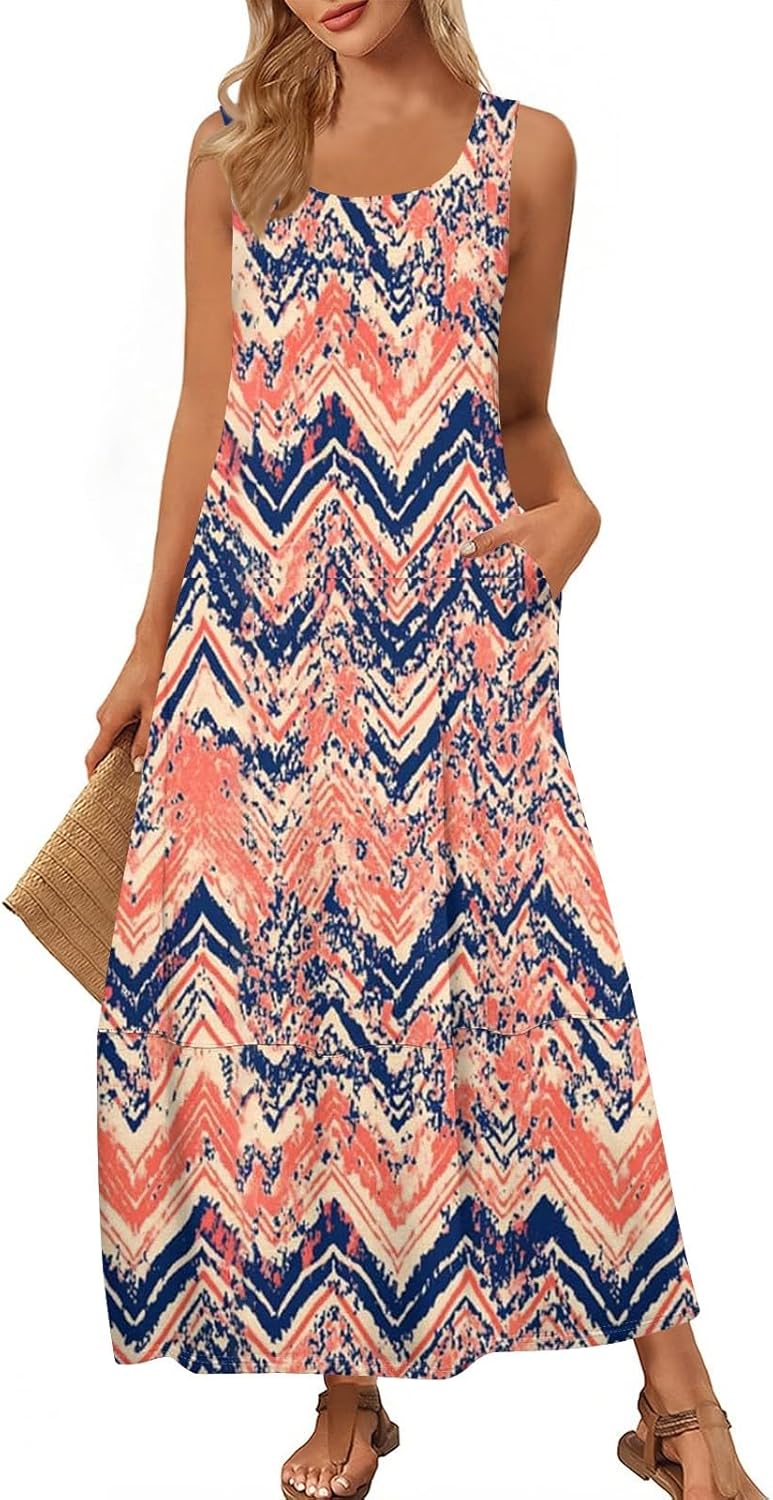 Womens Summer Tank Dress Vacation Boho Floral Long Dresses with Pockets Resort Wear Swing Beach Sleeveless Sundress
