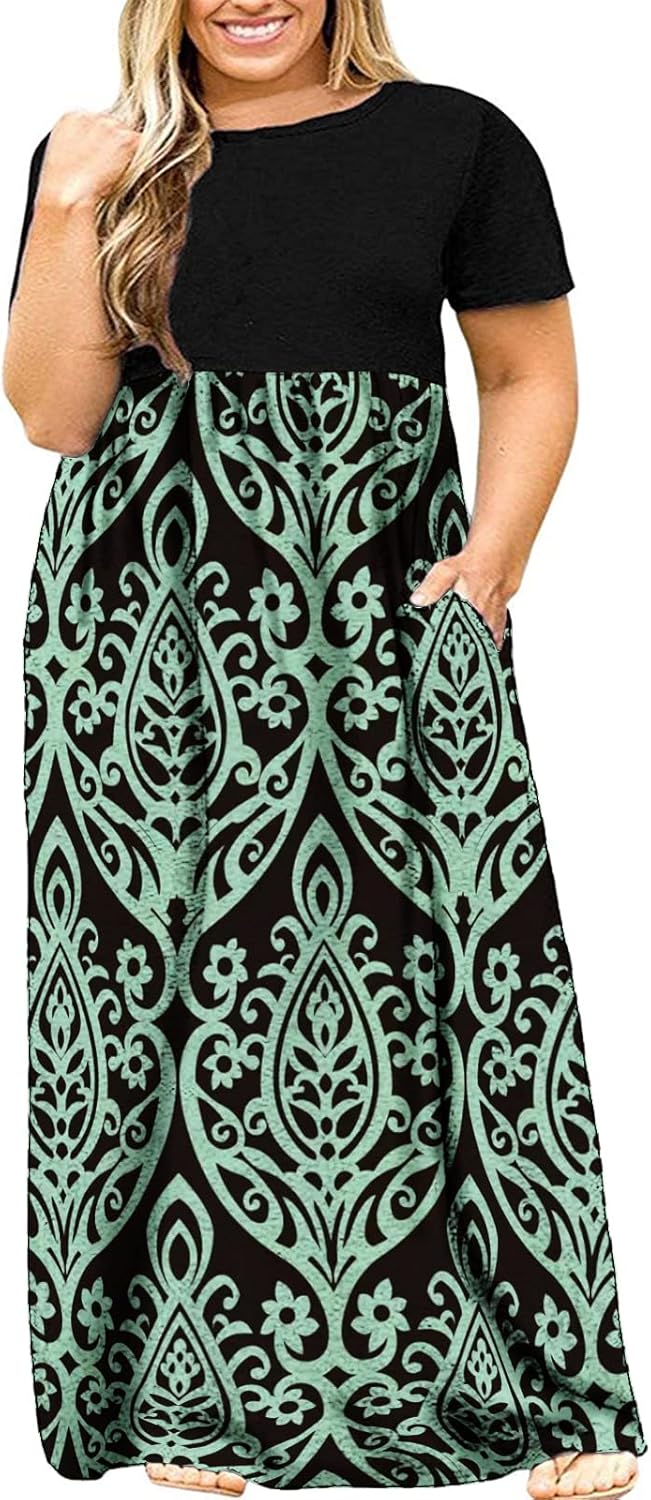 Kancystore Women's Short Sleeve Plus Size Maxi Dress with Pockets Loose Casual Summer Dresses