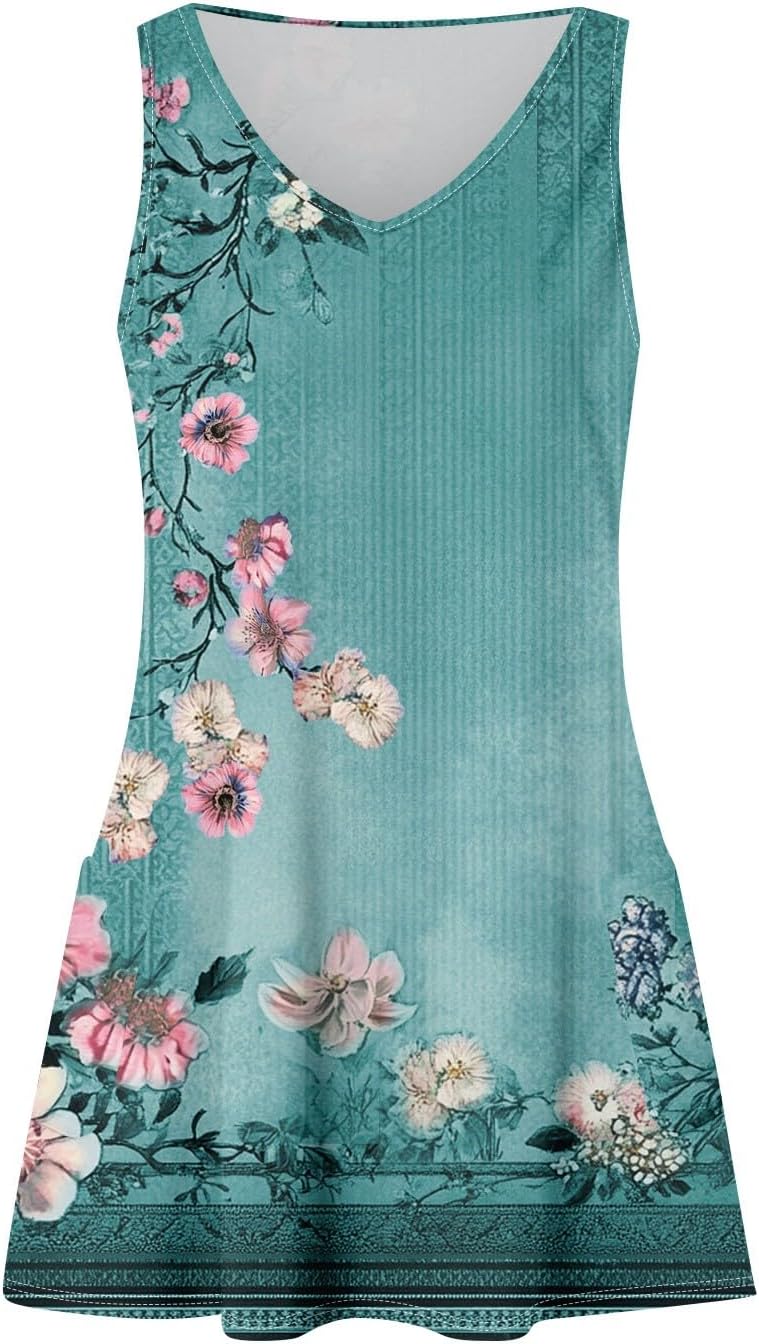 Women's Sleeveless Floral Print Summer Dress Casual V-Neck A-Line Mini Dress for Beach Party and Daily Wear