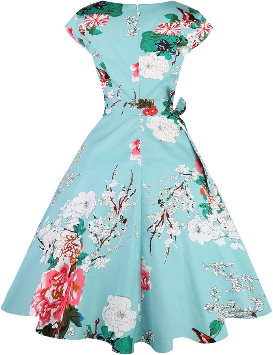 PUKAVT Women's 1950 Boatneck Cap Sleeve Vintage Swing Cocktail Party Dress with Pockets