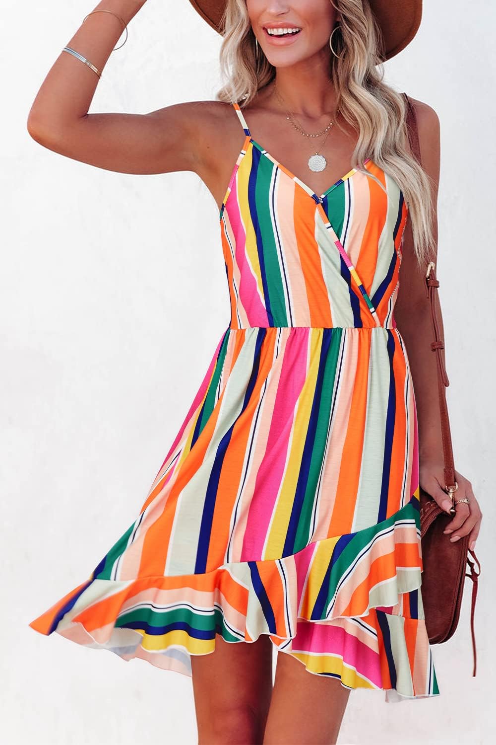 ULTRANICE Womens Summer Dresses Floral V Neck Ruffled Hem Spaghetti Spring Casual Beach Outfits Flowy Wrap Sun Dress