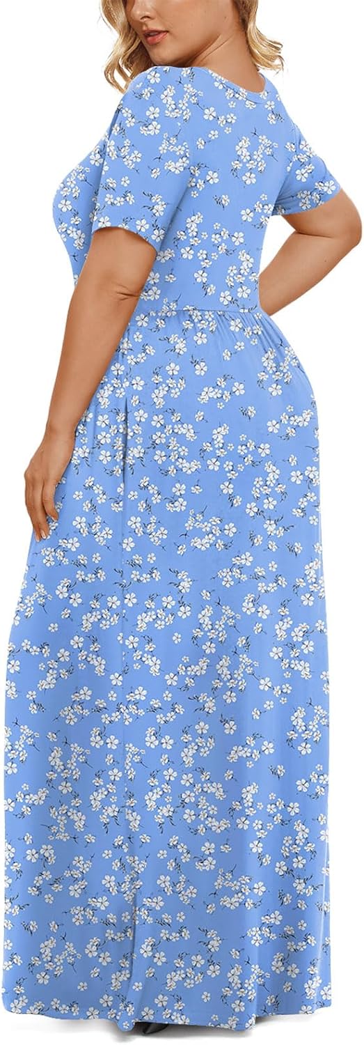 LONGYUAN Women's Plus Size Maxi Dresses for Curvy Women Summer Short Sleeve Casual 2025 Long Dress XL-6XL