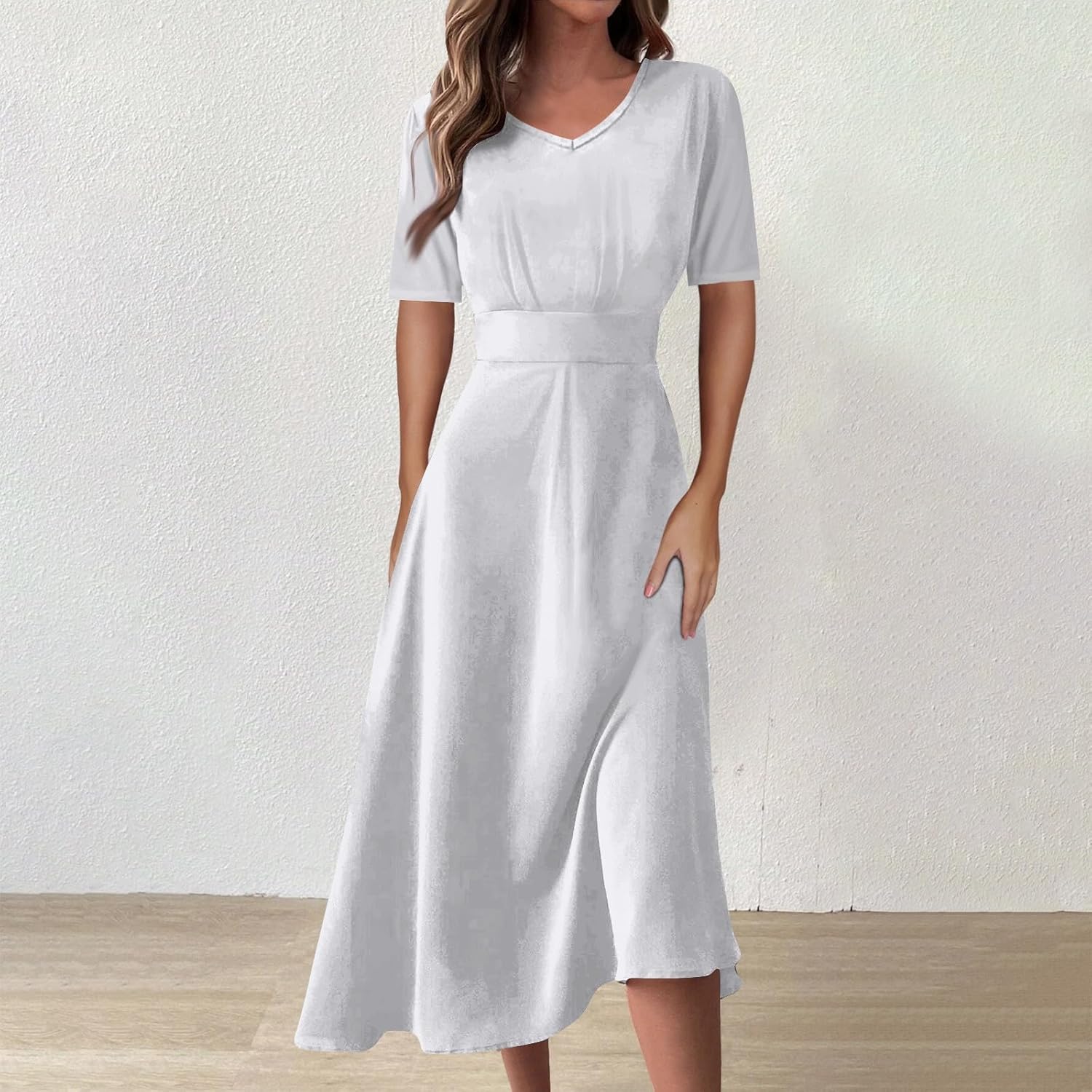 Women's Summer Elegant Cocktail Dress Solid Color Swing V-Neck Party Gown Dresses, S-2XL