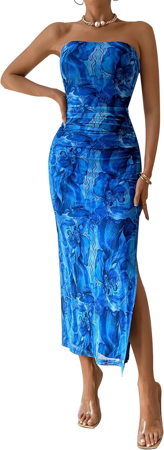 PRETTYGARDEN Women's Summer Maxi Bodycon Dresses Strapless Tube Top Printed Long Party Club Slit Dress