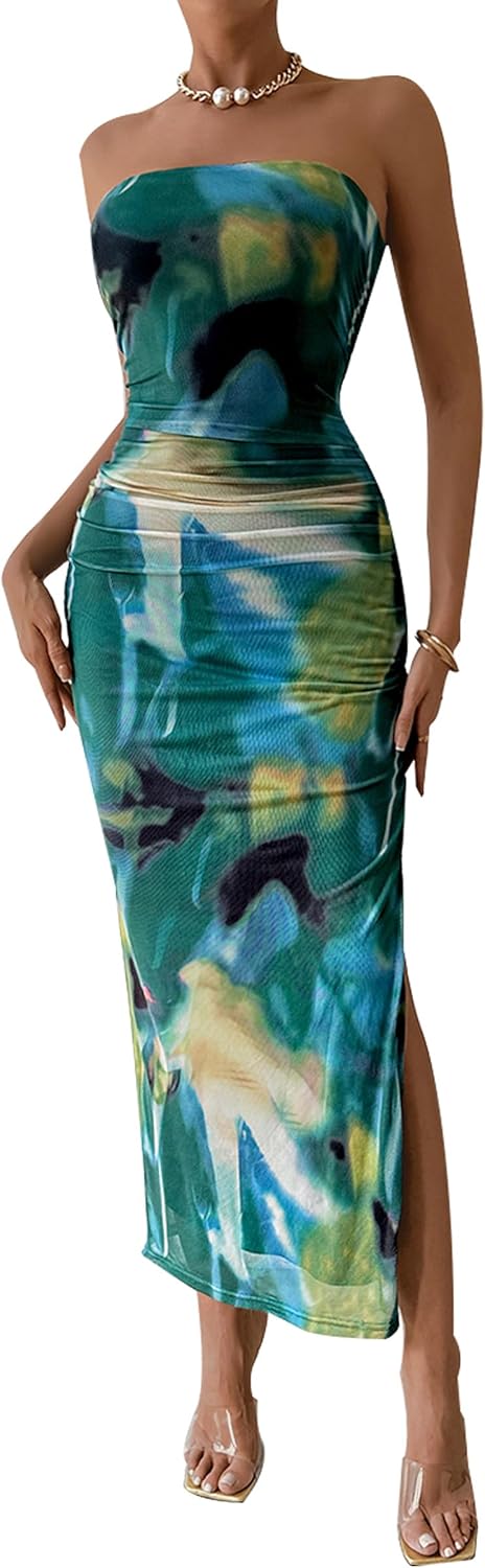 PRETTYGARDEN Women's Summer Maxi Bodycon Dresses Strapless Tube Top Printed Long Party Club Slit Dress