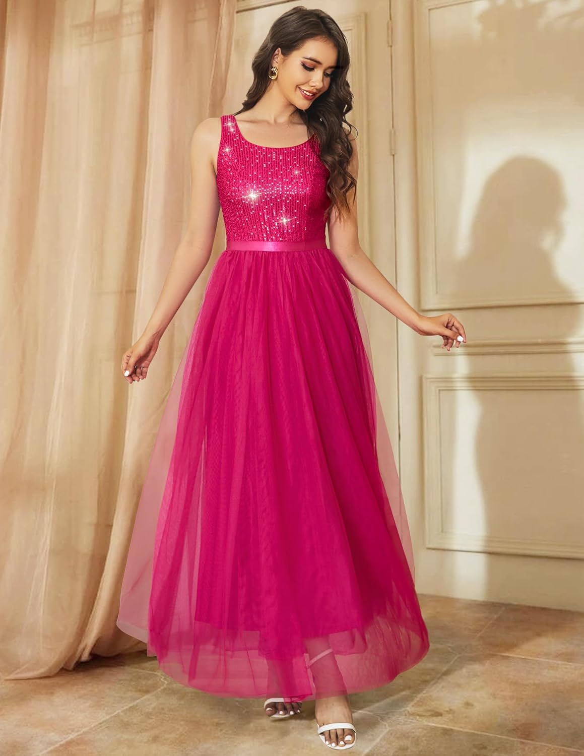 BeryLove Sequin Dress for Woman Vintage A Line Wedding Formal Swing Mesh Dress Sleeveless Cocktail Maxi Gowns