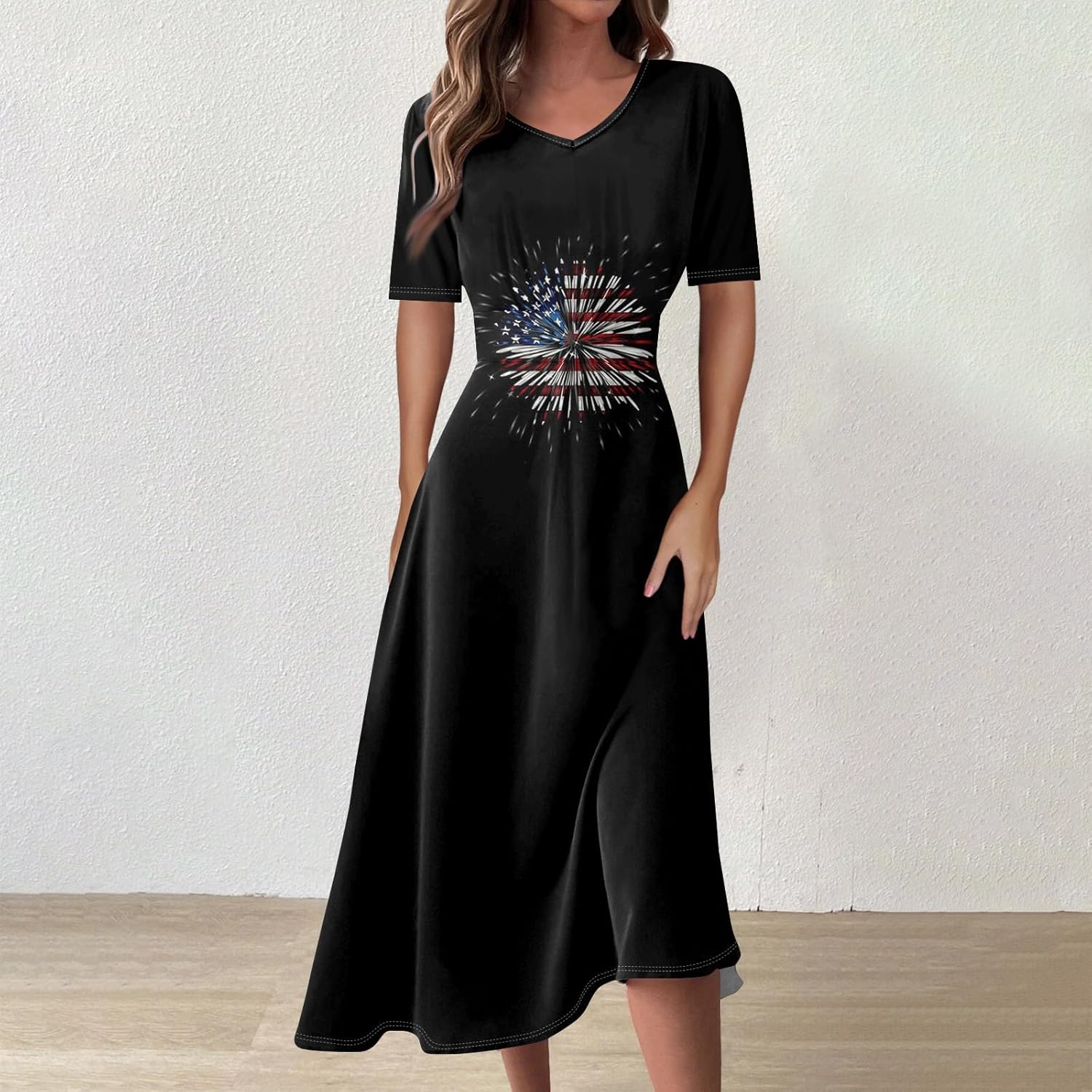 Women's Patriotic Star Print Midi Short Sleeve V-Neck Casual A-Line Dress for Summer Parties & Events