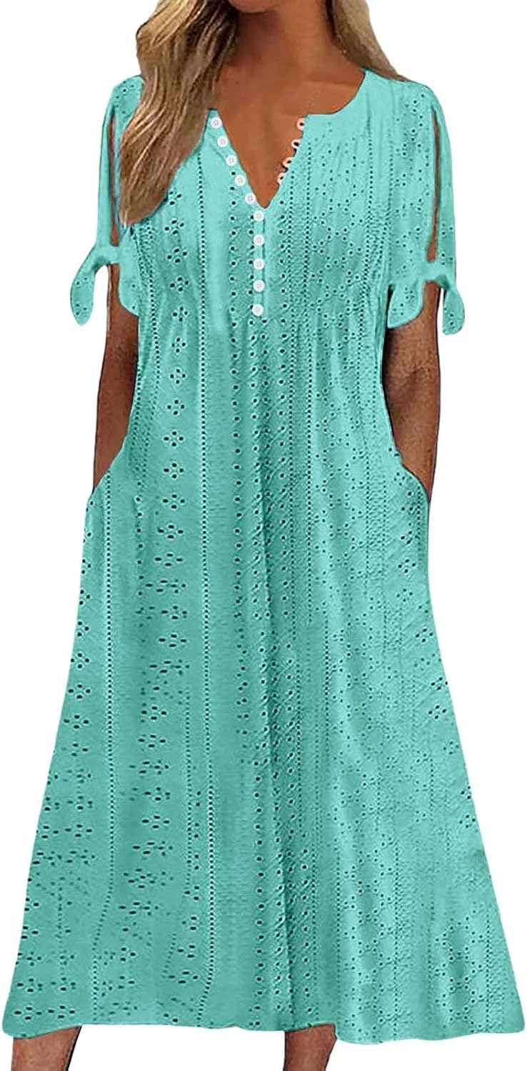 ZYXTIM Womens Eyelet Dress V Neck Short Sleeve Hollow Out Summer Beach Vacation Dresses Swing A Line Vintage Long Dresses