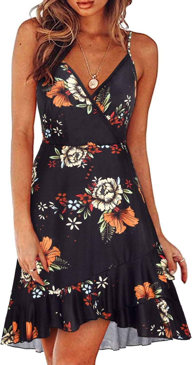 ULTRANICE Womens Summer Dresses Floral V Neck Ruffled Hem Spaghetti Spring Casual Beach Outfits Flowy Wrap Sun Dress