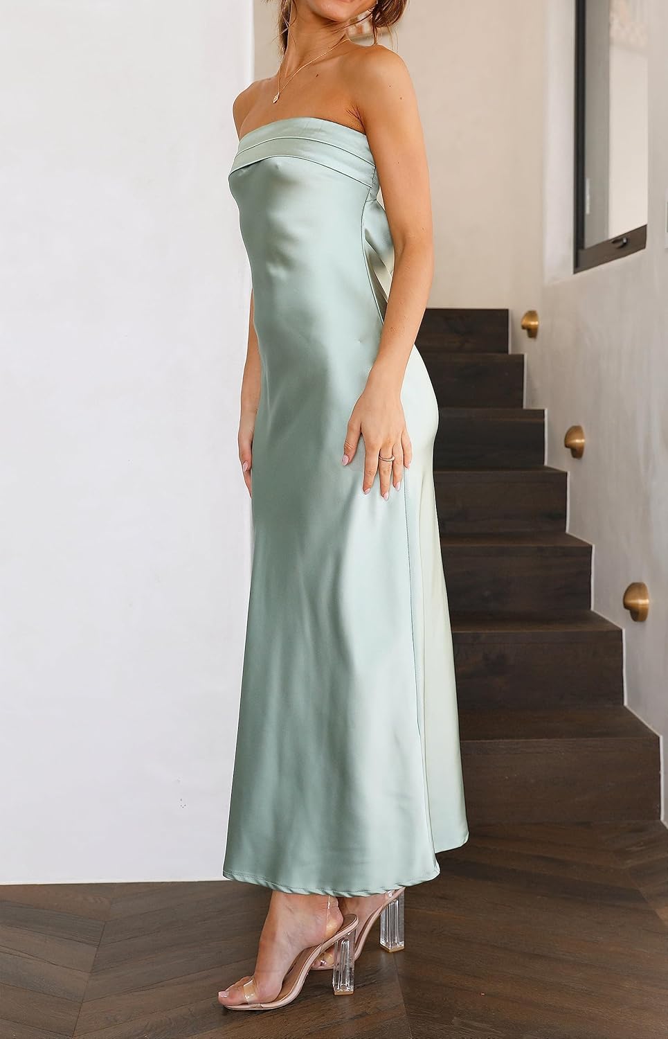 MEROKEETY Women 2025 Summer Strapless Satin Tube Bodycon Backless Wedding Guest Maxi Dress