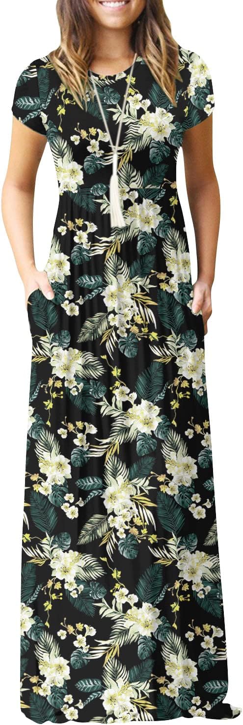 DEARCASE Maxi Dress for Women Short Sleeve Casual Summer Loose Plain Comfy Long Dresses with Pockets