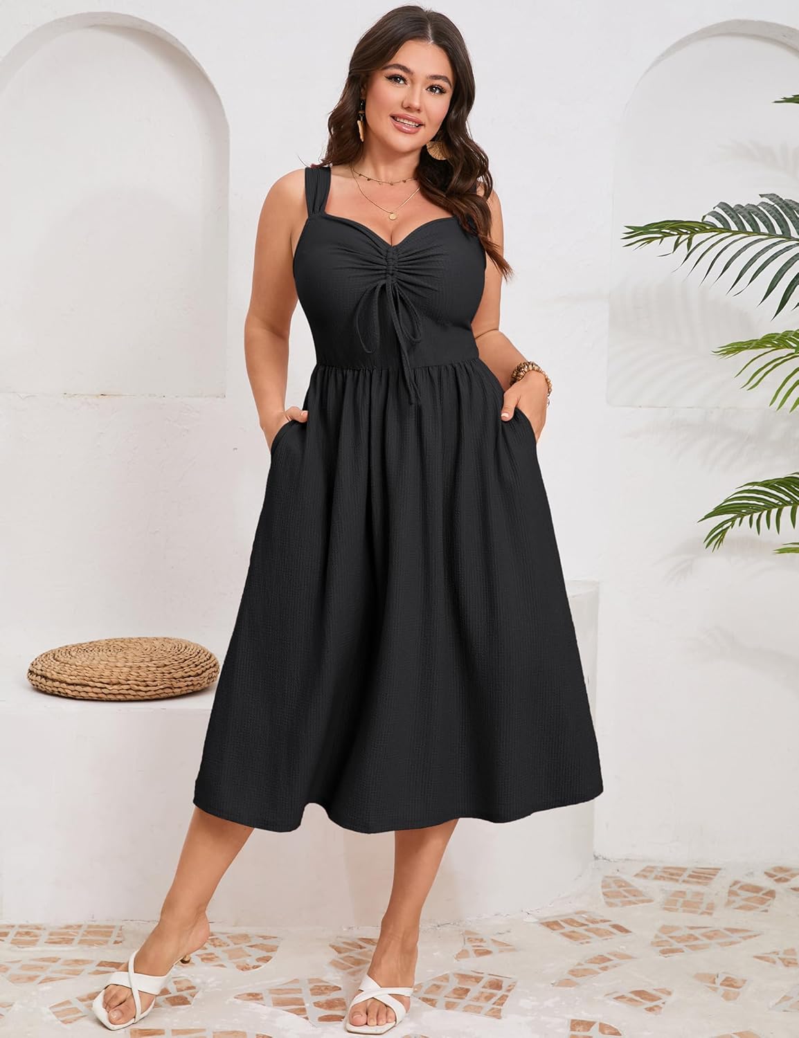 ShopWonder Plus Size Summer Dress for Women Sleeveless Spaghetti Strap V Neck Tie Front A Line Casual Beach Midi Dress