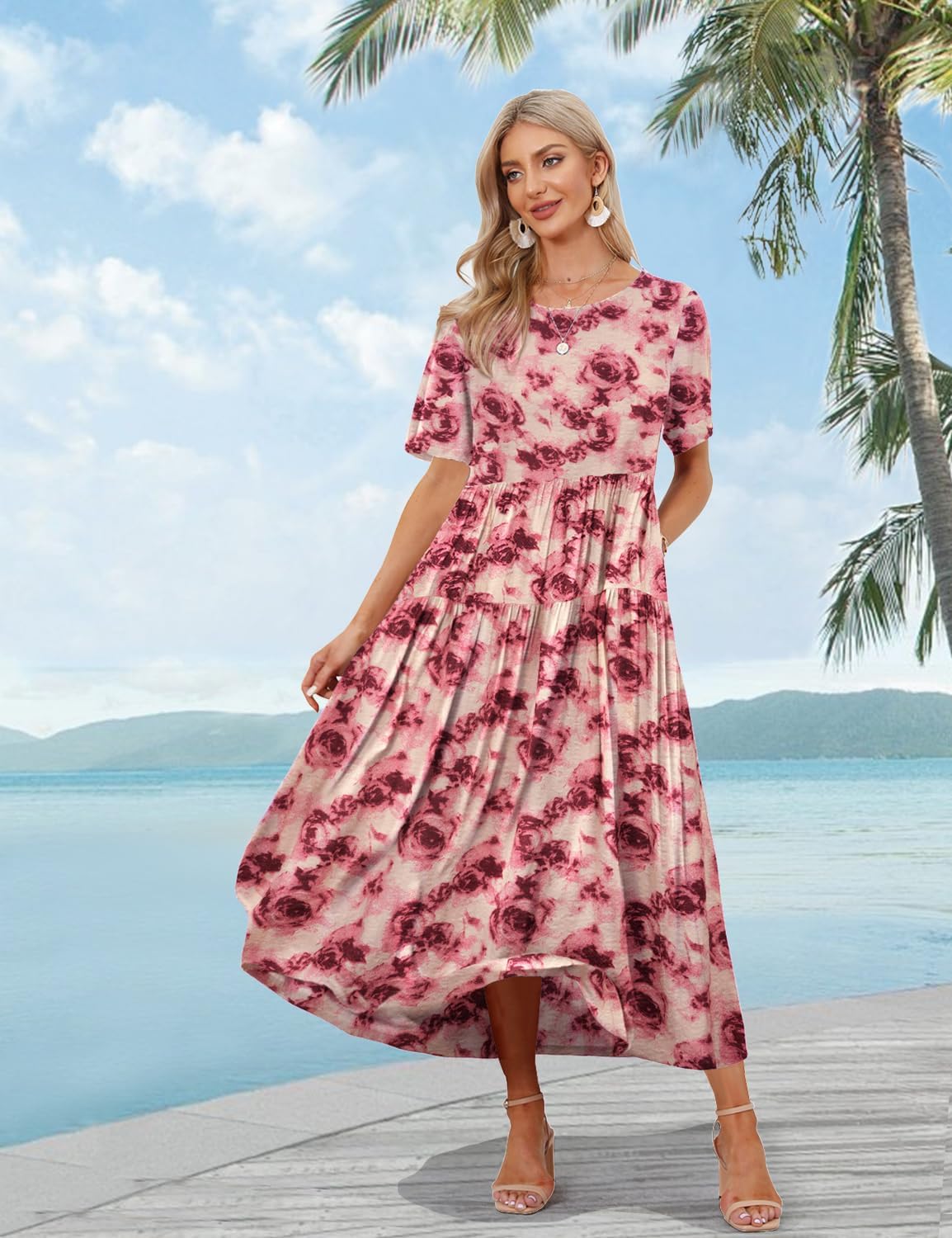YESNO Women Casual Loose Bohemian Floral Dress with Pockets Short Sleeve Long Maxi Summer Beach Swing Dress EJF