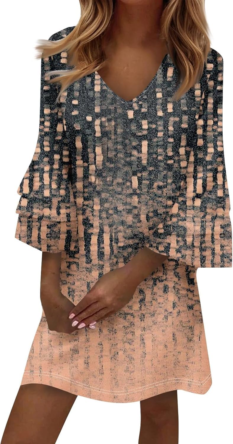 Beach Dresses for Women,2025 Summer Trendy Floral Print Boho Dress,Casual Loose V Neck Bell 3/4 Sleeve Mini Dress
