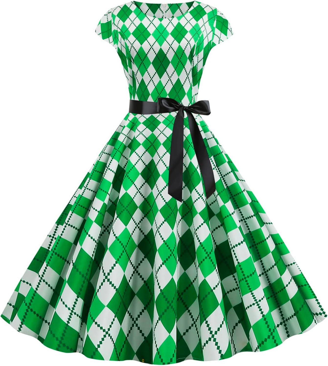 aihihe St Patricks Day Dress for Women A Line Pleated Hepburn Dress Lukcy Shamrock Print Irish Dress 2024 Vintage Dress