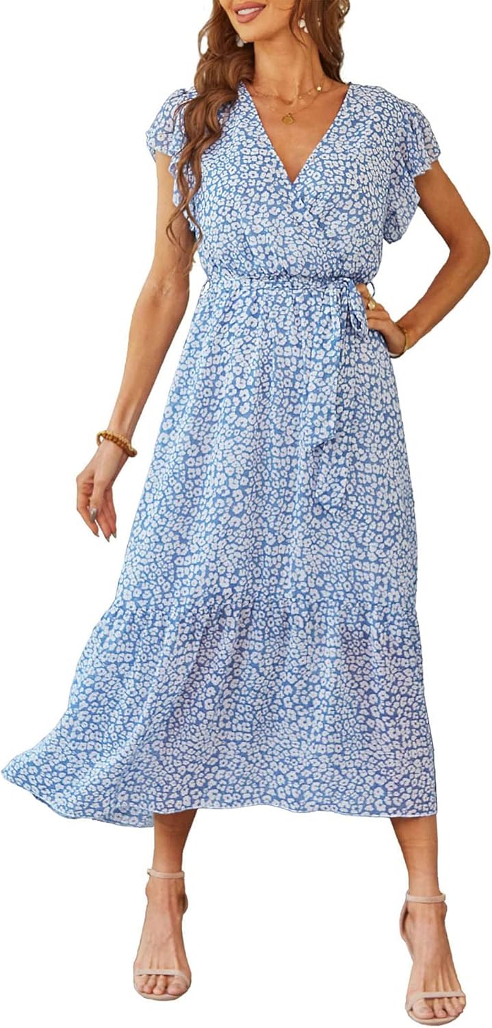 PRETTYGARDEN Women's Summer Floral Boho Dress Wrap V Neck Short Sleeve Ruffle A-Line Flowy Maxi Wedding Guest Dresses