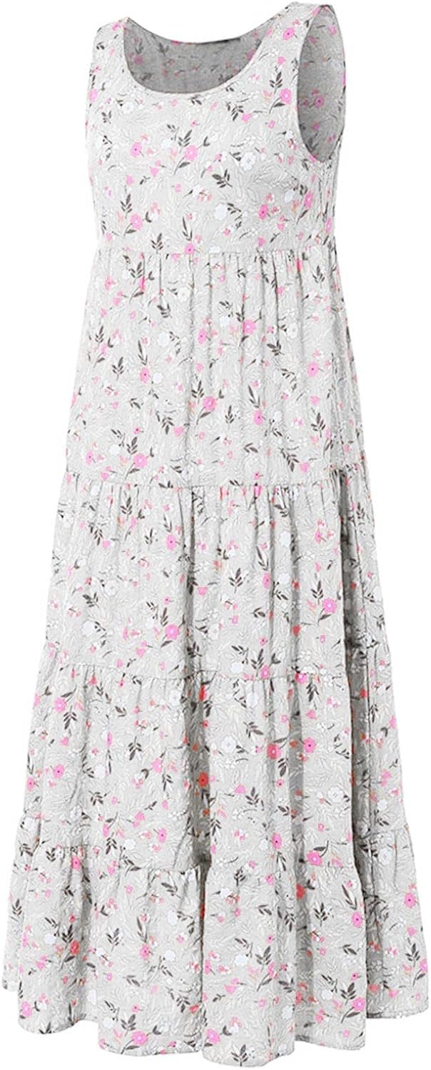 Ceboyel Women Boho Floral Maxi Dresses Flowy Tank Dress Sleeveless Smocked Sundresses Trendy Casual Beach Long Sun Dress