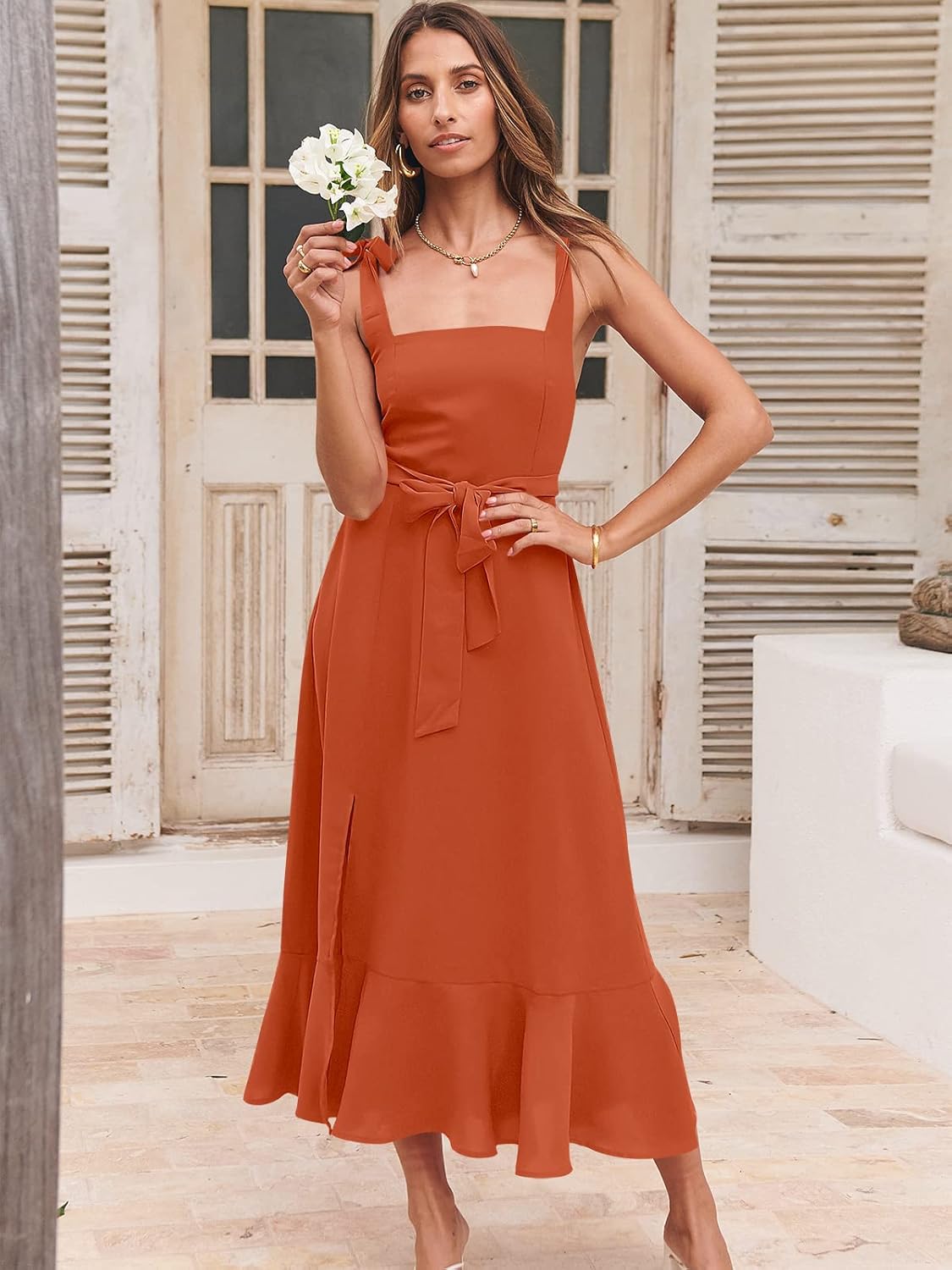 ANRABESS Women's Square Neck Ruffle Split Midi Elegant Formal Wedding Guest Cocktail Bridesmaid Graduation Party Dresses