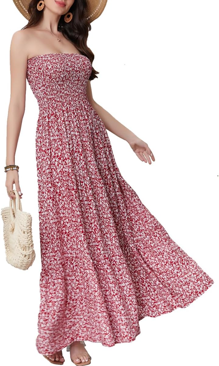 Women's Summer Strapless Tube Top Maxi Dresses Off Shoulder Boho Beach Long Dress