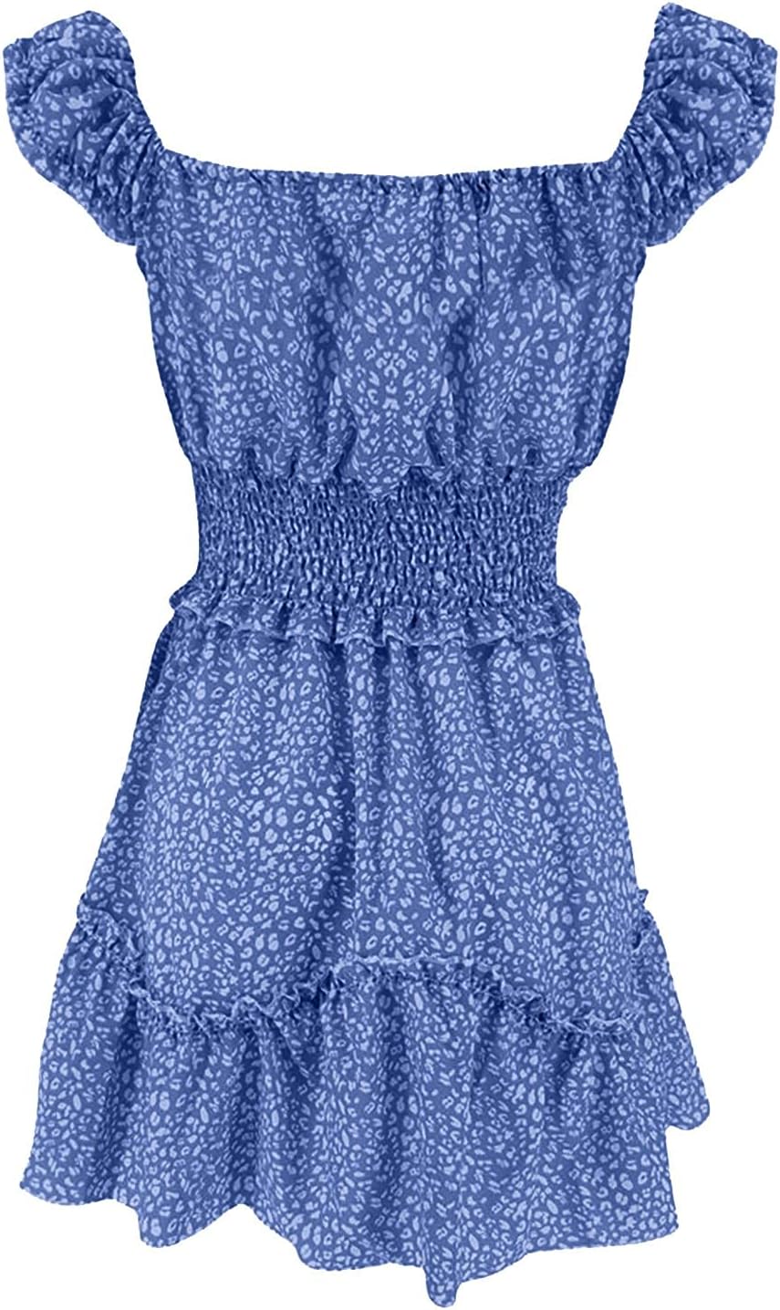 iQKA Women Short Mini Dress Summer Bohemian Floral Print Short Sleeve Square Neck Sexy Babydoll Dresses S-3XL