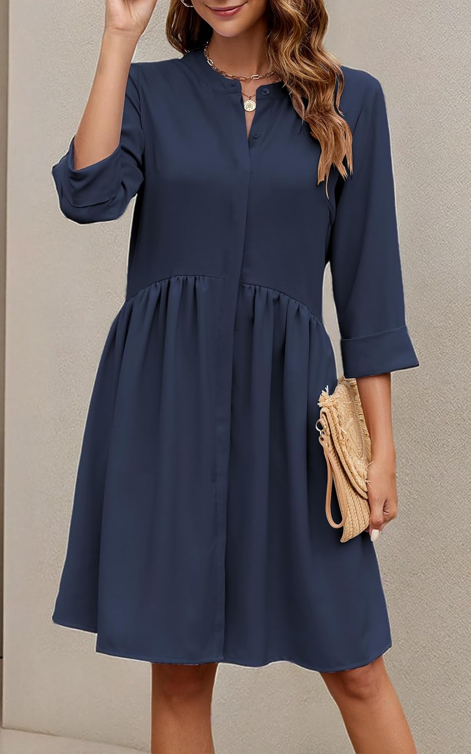 CCTOO Women's Summer Dresses Casual V Neck Button Down 3/4 Sleeve Floral Print Loose Flowy Shirt Dress