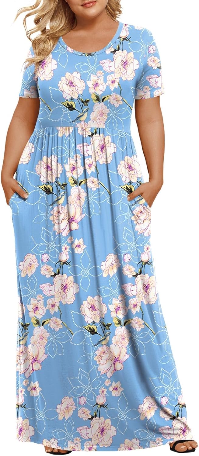 LONGYUAN Women's Plus Size Maxi Dresses for Curvy Women Summer Short Sleeve Casual 2025 Long Dress XL-6XL