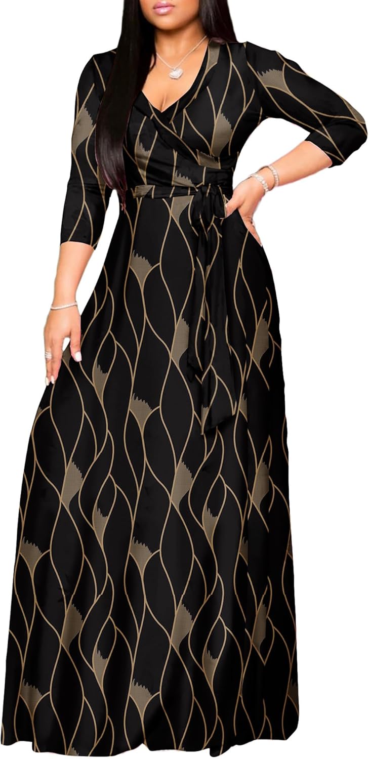 FANDEE Plus Size Maxi Dress for Women Casual Summer Sundress V-Neck 3/4 Sleeve