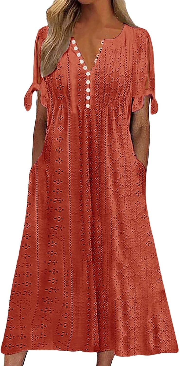 ZYXTIM Womens Eyelet Dress V Neck Short Sleeve Hollow Out Summer Beach Vacation Dresses Swing A Line Vintage Long Dresses