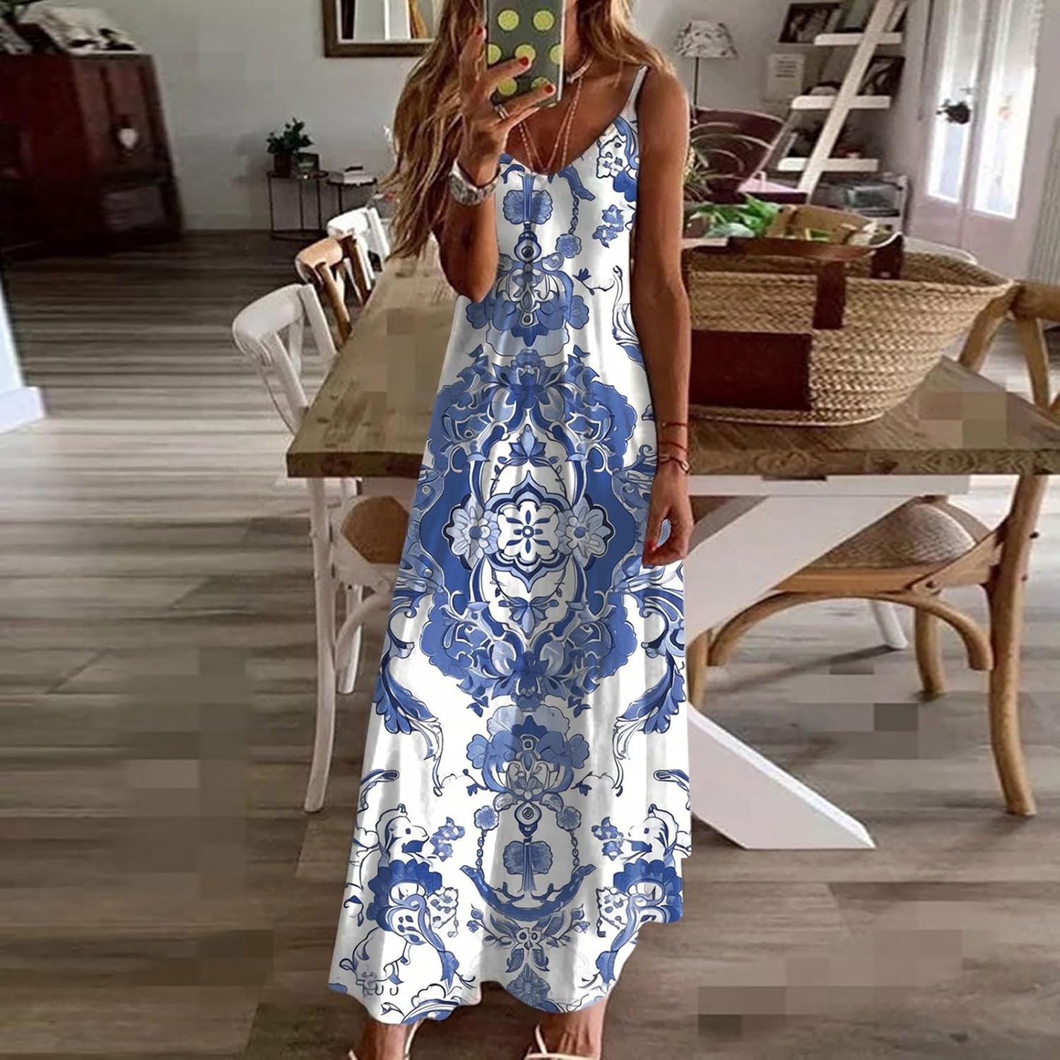 Womens Floral Maxi Dresses Spaghetti Strap Casual Summer Long Dress Vneck Flowy Boho Beach Sundress Vacation Outfits