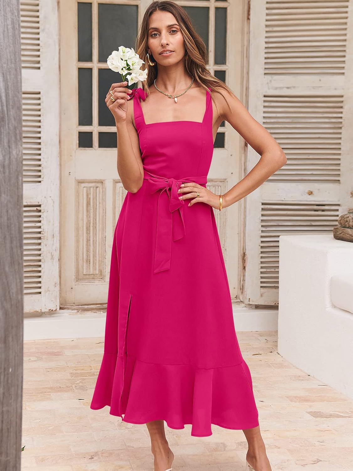 ANRABESS Women's Square Neck Ruffle Split Midi Elegant Formal Wedding Guest Cocktail Bridesmaid Graduation Party Dresses