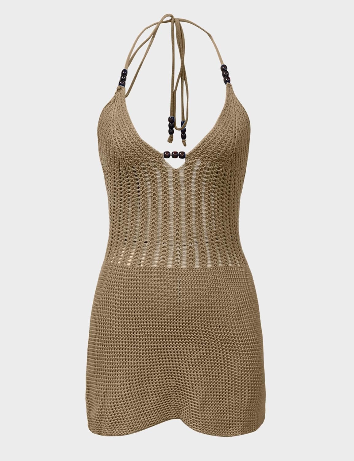 Women's Sexy Knit Hollow Out Cinch Waist Backless Halter Mini Dress Halter V Neck Beach Summer Cover Up Sundress